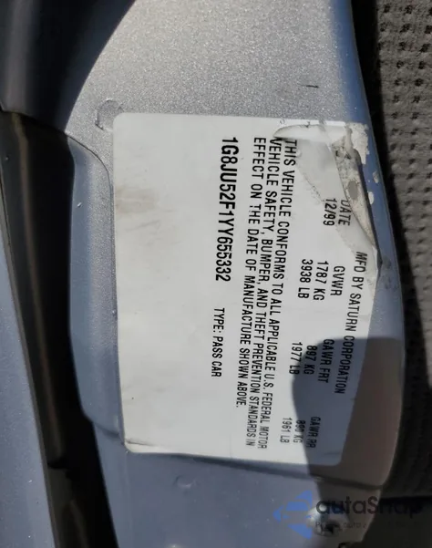 2000 Saturn Sl1 из США, поврежденный, VIN 1G8JU52F1YY655332